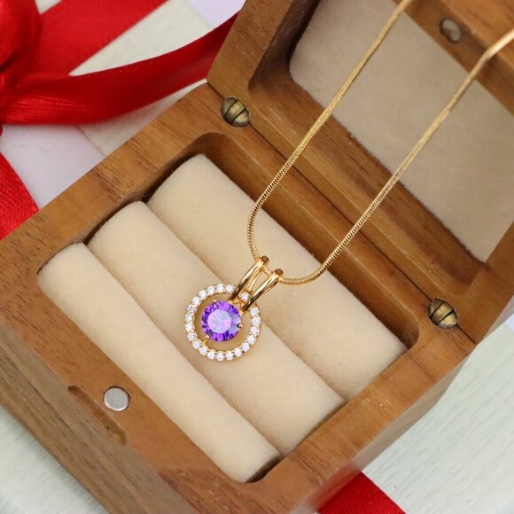 "Radiant Purple Halo Pendant in Gold Plated Brass with Crystal Ring, XPPT1711 - Picture 10 of 13